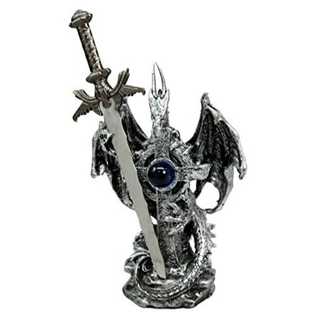 Large Crystal Sculptures Atlantic Collectibles Legendary Silver Dragon With Onyx Crystal Heart and Excalibur Sword Letter Opener Figurine Sculpture ()