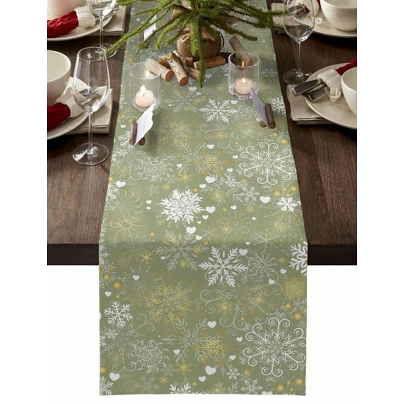 Christmas Green Cotton Linen Table Runner for Dining Kitchen, Xmas Winter Snowflakes New Year Holiday Wedding Outdoor Party Tablerunners Decoration, Dresser Scarf Coffee Tablecloth Runners 13"x48"