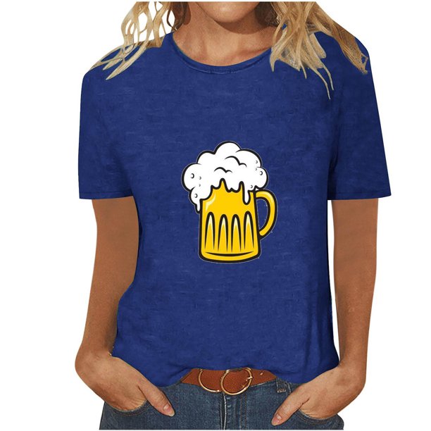 Tops Cortos para Mujeres, Oktoberfest Casual Impreso Cuello Redondo Manga Corta Camiseta Top Hecho de Poliéster para la Primavera Verano Uso Diario, Camisetas Casuales de Mujer