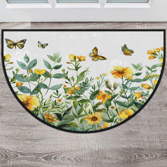 CURLYOOT Spring Summer Wild Flowers Half Round Door Mat, Indoor Outdoor Entrance Rug, Semi Circular Area Rug, Non Slip Washable Absorbent Doormat, Laundry Room Rug 40'' x 63''