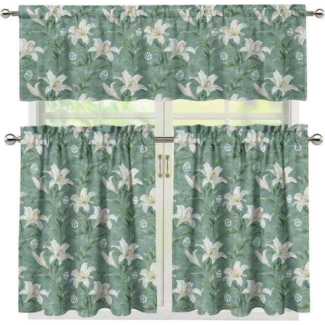 White Flower-Green 3 Piece Kitchen Window Curtain Panel Tiers and Valance Set Rod Pocket Darkening Curtains Light Filtering Energy Efficient Curtain Set for Small Window
