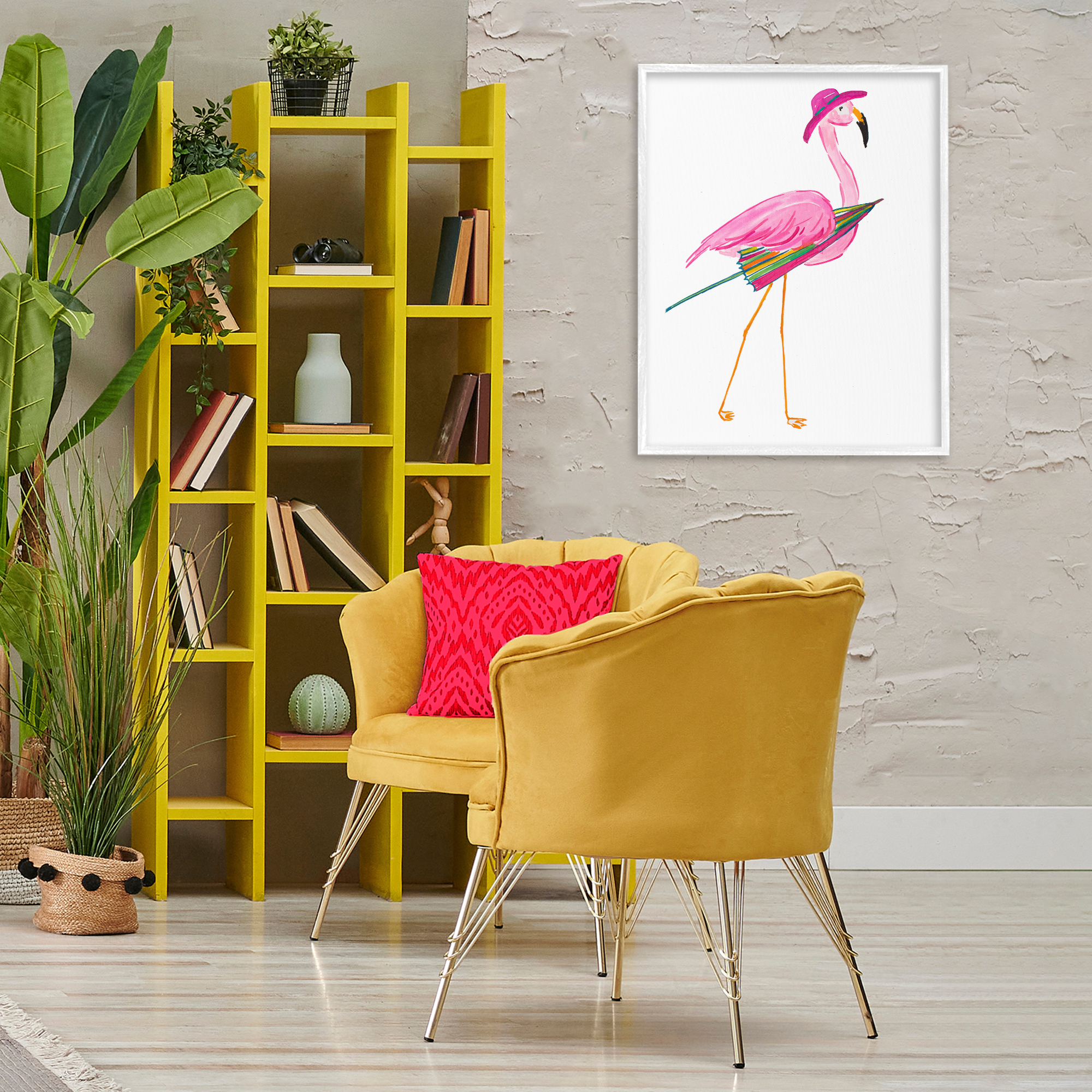Stupell Industries Flamingo with Beach Umbrella Animals & Insects Painting White Framed Art Print Wall Art, 24 x 30