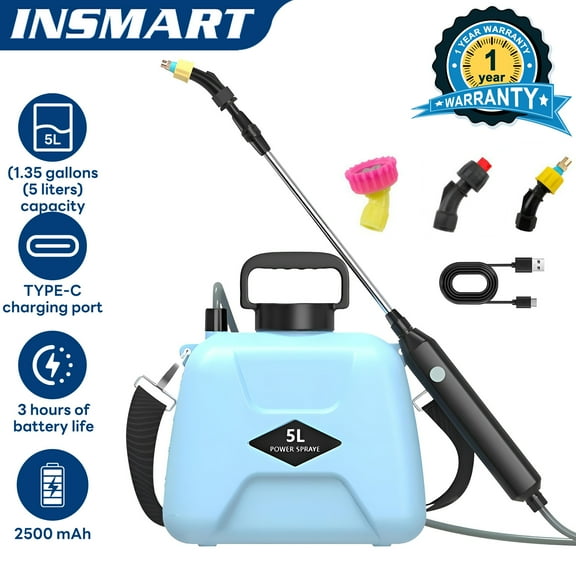 INSMART 1.35 Gal Battery Powered Sprayer, USB Rechargeable Handle, 3 Adjustable Nozzles & Shoulder Strap, Portable Electric Garden Sprayer for Lawn,Plants & Cleaning
