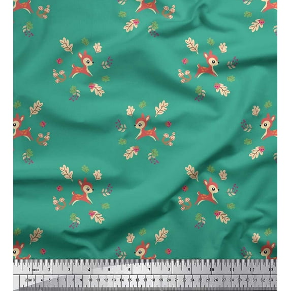 Soimoi Rayon Fabric Leaves,Mushroom & Deer Kids Printed Craft Fabric by The Yard 42 Inch Wide