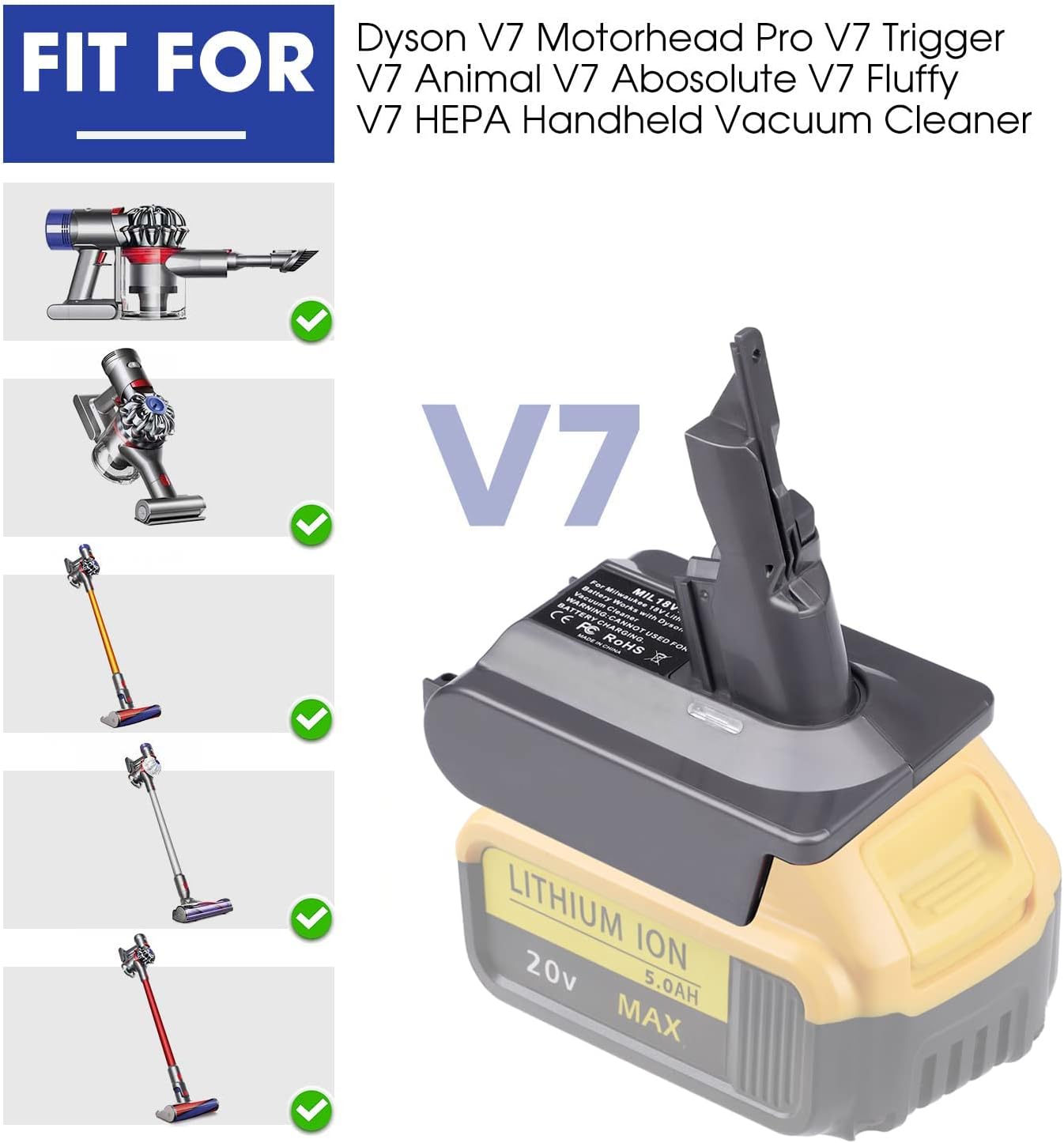 for Dyson V7 V8 2 in 1 Battery Adapter for Dewalt 20v Battery & for Milwaukee M18 18v Battery Convert to for Dyson V7 V8 vacuum cleaners