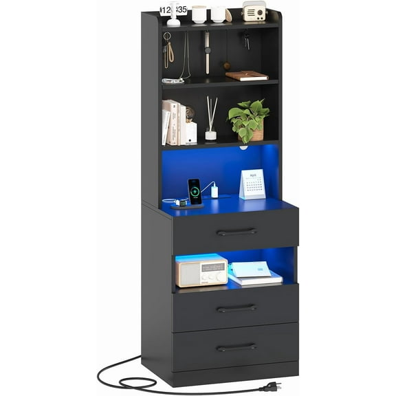 Tall Nightstand with Charging Station and LED Lights, Night Stand with 3 Drawers and Storage Shelves, Bedside Table with Bookshelf, Modern End Side Table for Bedroom, Black