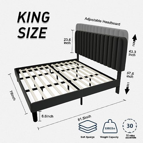 Jotoa Queen Size Platform Bed Frame with Headboard,Adjustable Bed Frame with Strong Wooden Slats Mattress Foundation/No Box Spring Needed/Easy Assembly, Grey