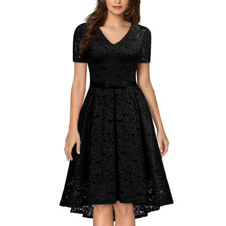Fully Lined Short Dress Cocktail Dress - MIUSOL Women's Vintage Floral Lace Cocktail Evening Party Short Sleeve V-Neck Design of Front Short Rear Long A-line Dress(Black,Size XXL)