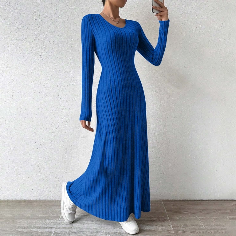 fitted lace wedding dress Blue Wool Fit & Flare Dress – 50s Vintage Long Sleeve
