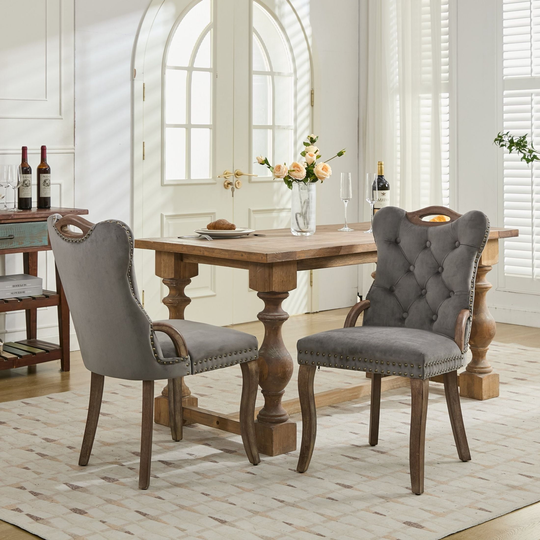 Noble House Set of 2 Dining Chairs with Tufted Velvet Upholstery, Copper Nailhead Trim, Gray