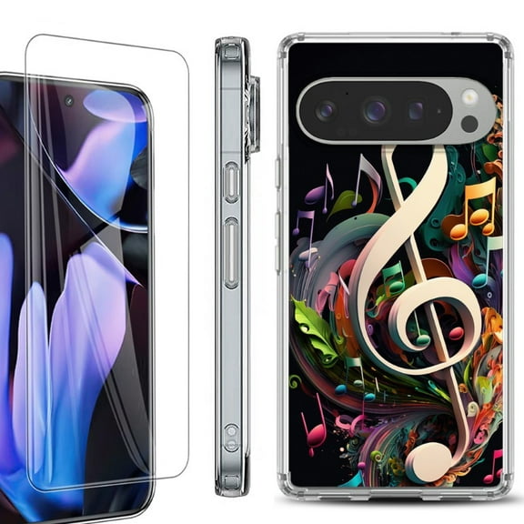 For Google Pixel 9 Pro XL Phone Case Cover, Shockproof Bumper Case with Tempered Glass Screen Protector, by OneToughShield - Music Notes Colorful