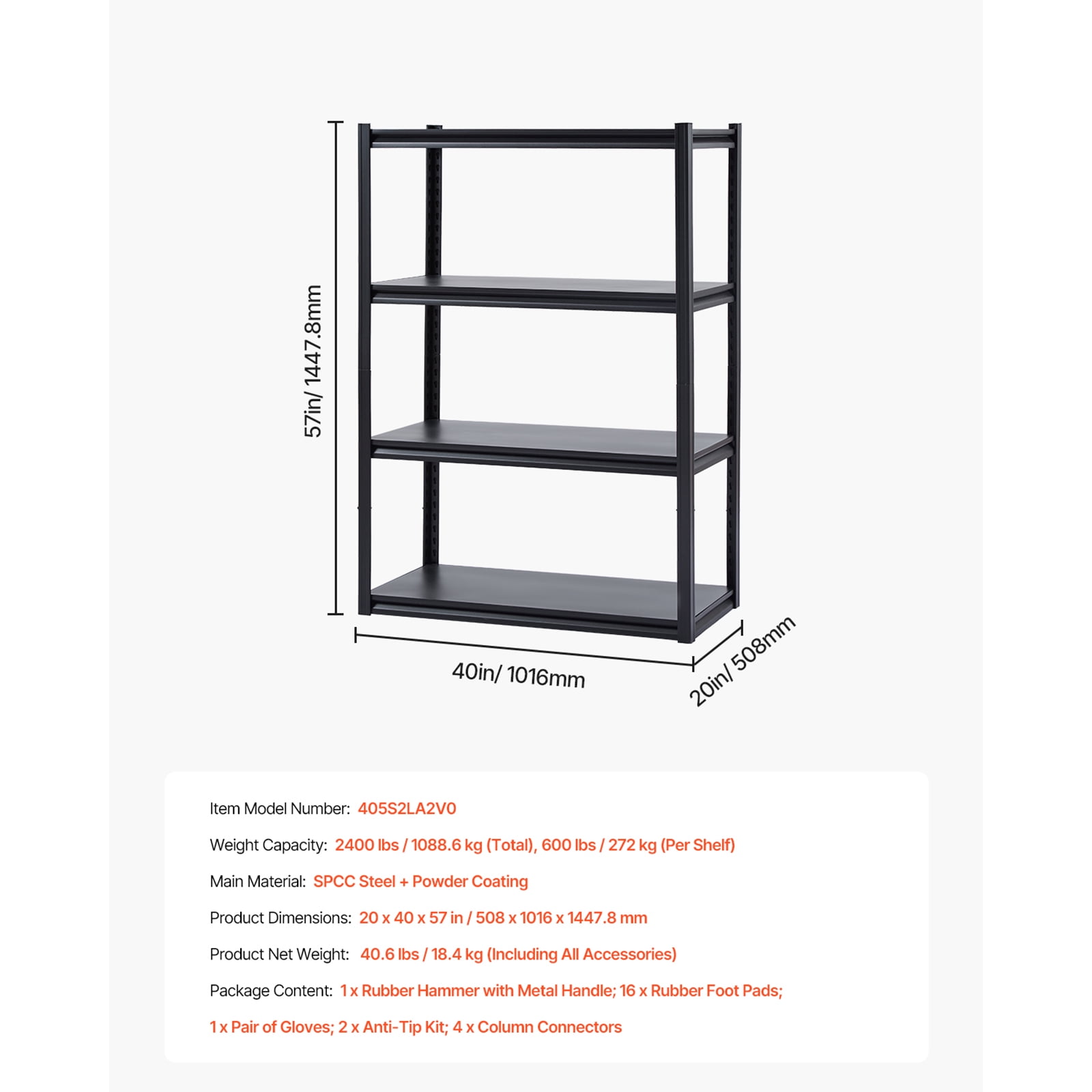 KFFKFF Storage Racks, 2400 lbs Capacity, Quadruple Layer Garage Storage Organizer, 20" Depth x 40" Width x 57" Height, Adjustable Metallic Racks for Garage Utility Rack Shelf, Black
