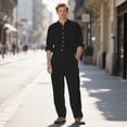 thumbnail image 2 of UVEASISHA Mens Linen Pants Sets Vacation Beach Outfits 2 Piece Summer Long Sleeve Button Down Shirt and Loose Slacks Matching Set with Pockets Black L, 2 of 10