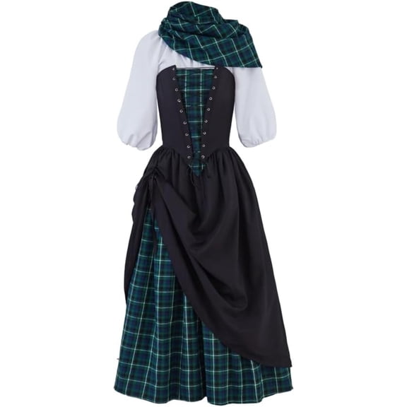 Traditional Scottish Plaid Dress Highland Renaissance Costume Reenactment Christmas Gown Retro Tartan Dress