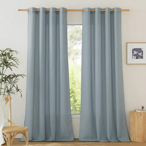 Rustic Linen 102 inch Long Curtains for Living Room, Grommet Privacy Added Thick Linen Weave with Light Filter Window Curtains & Drapes for Bedroom, Stone Blue, W55 x L102, 2 Panels