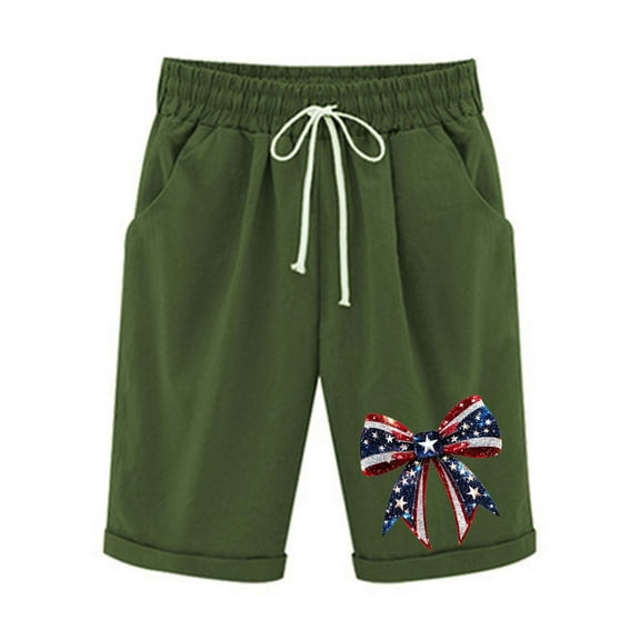 Oalirro Women's Patriotic Shorts - 4th of July Printed Elastic Waist Casual Short Pants with Side Pockets, Lightweight Half-Length Short