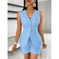 thumbnail image 5 of Women'S Summer 2 Piece Outfits Sleeveless Matching Sets Button Down V Neck Vest Waistcoat and Pockets Shorts Blue S, 5 of 8