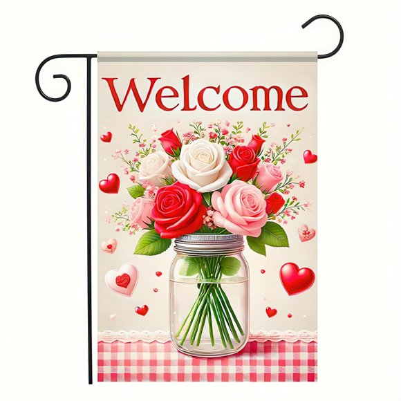 shiyou-Blissyard Valentine Garden Flag 12x18 Inch Happy Valentines Day Mason Jar Double Sided For Outside Courtyard Lawn Porch Small Love Heart Rose Holiday Yard Outdoors Flags