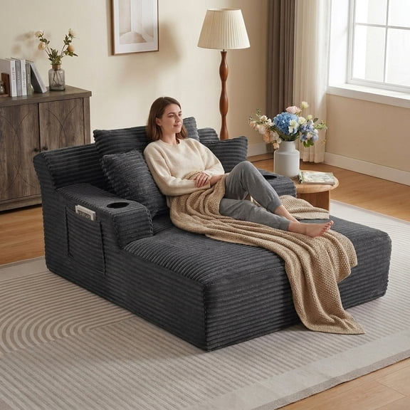 VEPXXP 66" Oversized Chaise Lounge Chair, Boneless Corduroy Lounge Chair with Cup Holders Side Pockets Pillows, Cozy Reading Sofa Bed Sleeper Couch for Living Room, No Assembly, Dark Grey