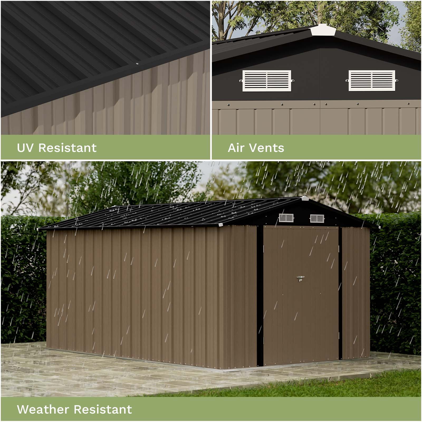 Patiowell 8' x 12' Metal Storage Shed, Lockable Steel Garden Shed for Outdoor Tools & Utility, Brown
