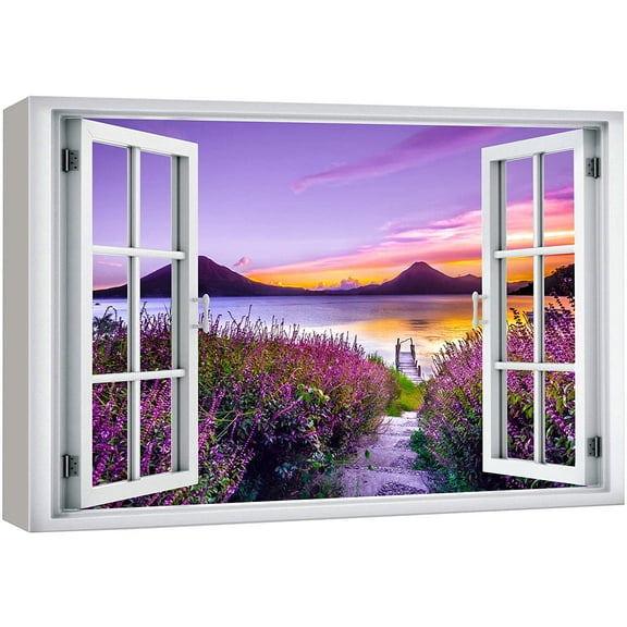 wall26 Canvas Print Wall Art Window View Purple Sunset Cloud Sky Lavender Flower Wilderness Nature Photography Realism Scenic Landscape Colorful Multicolor for Living Room, Bedroom, Office - 16x24