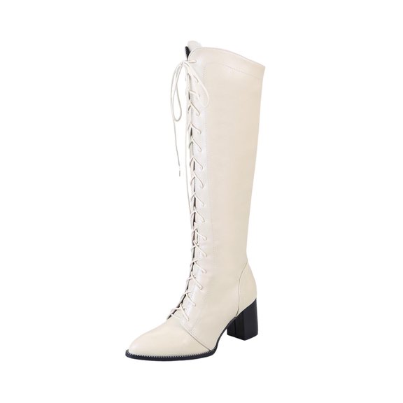 Xfvqtps Womens Lace up Knee High Boots Winter Fashion Pointed Toe Booties Chunky Block Heel Back Zipper Comfortable Casual Boots Beige