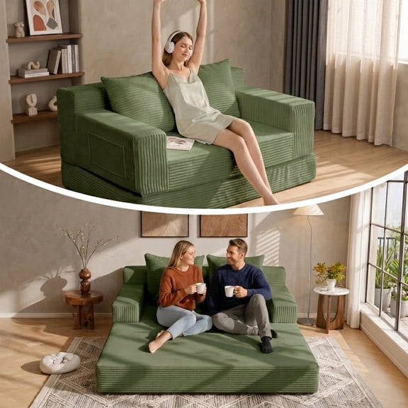 JUIKURY Boneless Loveseat Convertible Sofa Bed, Corduroy Folding Floor Futon Sleeper Sofa, Green