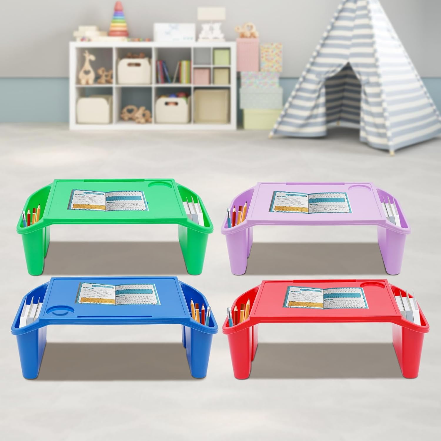 4/6/12pcs Kids Lap Desk Tray Plastic Breakfast Laptop Trays with Storage Portable Activity Table with Side Pockets/Slot Portable Lap Bed Table for Writing Eating Game Snacks