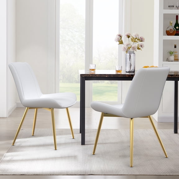 Modern Faux Leather Dining Chairs Set of 2, Upholstered Dining Side Chairs with Metal Legs, Comfort Backrest Chair For Kitchen Dining Room Cafe(White, Gold Legs)