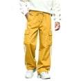 thumbnail image 2 of Kids Cargo Pants Boys Casual Side Stripe Wide Leg Elastic Waist Drawstring Trousers with Multi Pockets for Daily Outdoor, 2 of 9