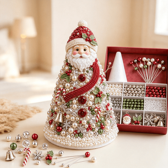 Dreamy Beaded Christmas Tree DIY Kit, 3D Pearl Beaded Christmas Tree Craft Set, Holiday DIY Decor with Sparkling Beads, Cone Base, Star Topper and Display Stand
