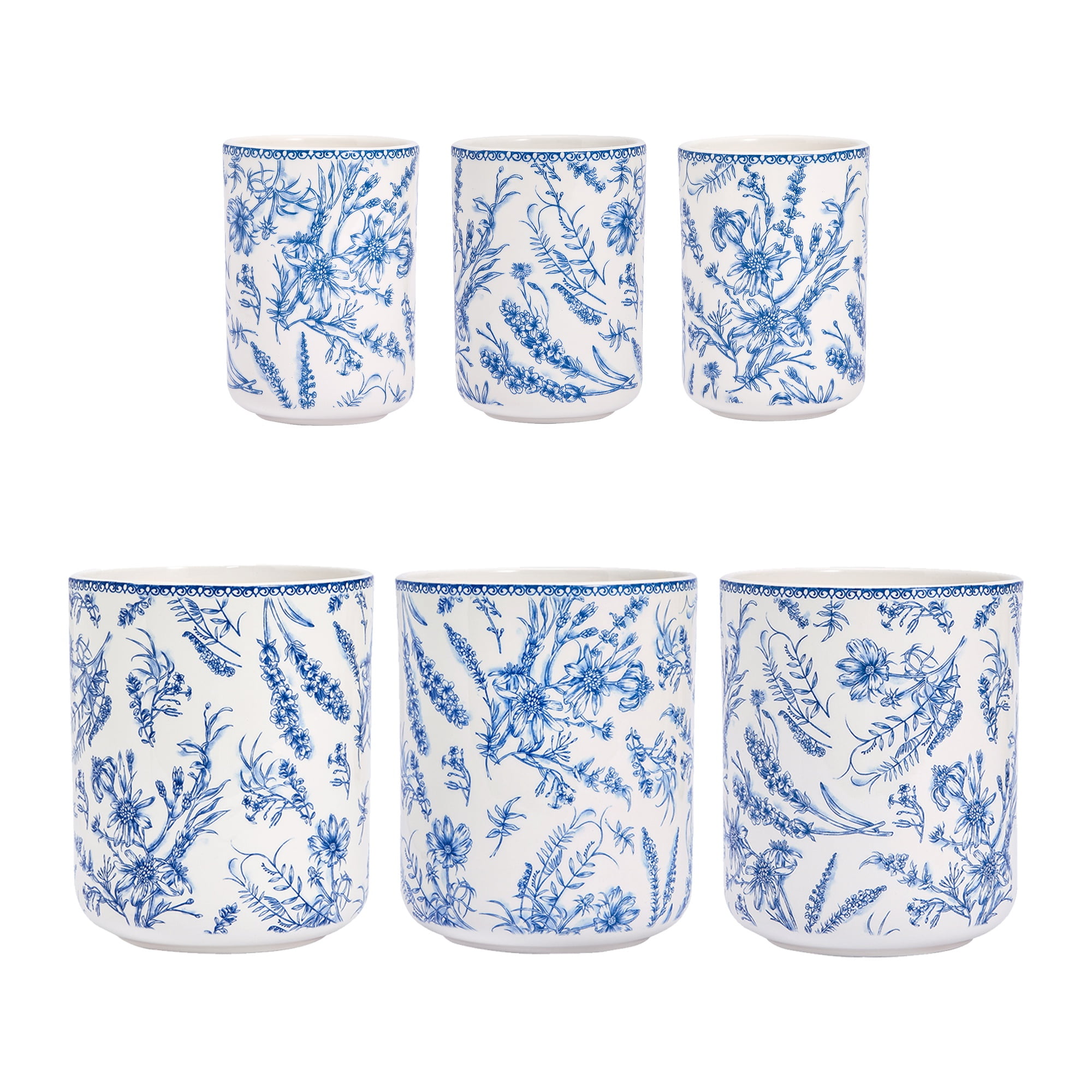 Bico Blue Garden Toile De Jouy Ceramic Utensil Holder Set of 2, Ceramic Kitchen Utensil Crocks for Countertop, Large Cooking Tool Holder Counter Decor, Spatula Organizer