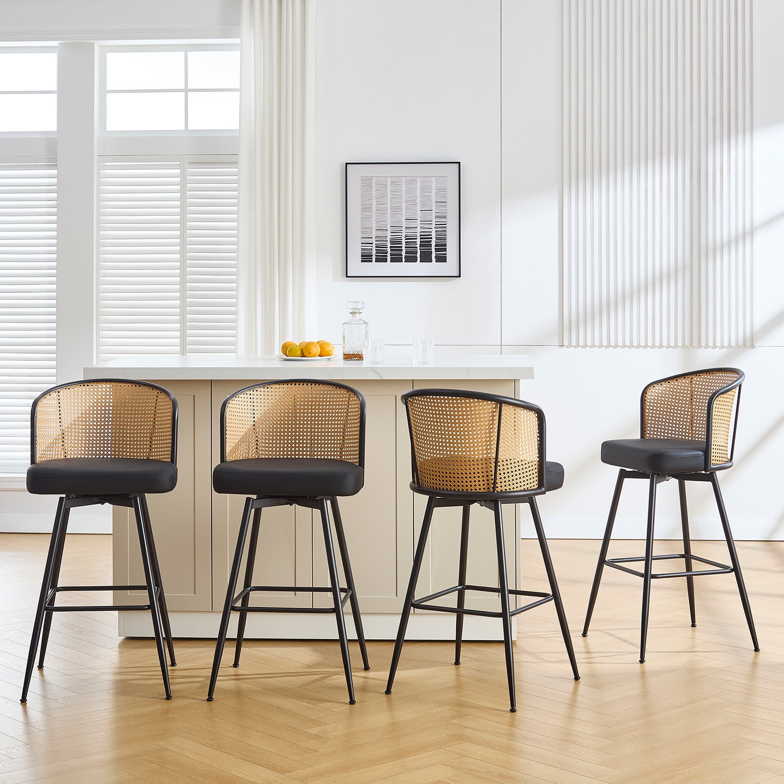 ANMINY Rattan Swivel Bar Stools Set of 3, 26" Counter Height with Rattan Back and Metal Legs, Mid-Century Modern Armless Faux Leather Barstools Seat, Upholstered Counter Stools for Kitchen Island