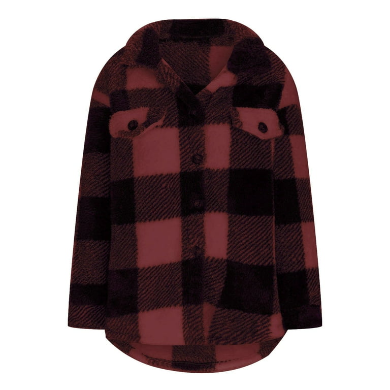 FAVIPT Buffalo Plaid Coat Women,Flannel Jacket Women Button Down