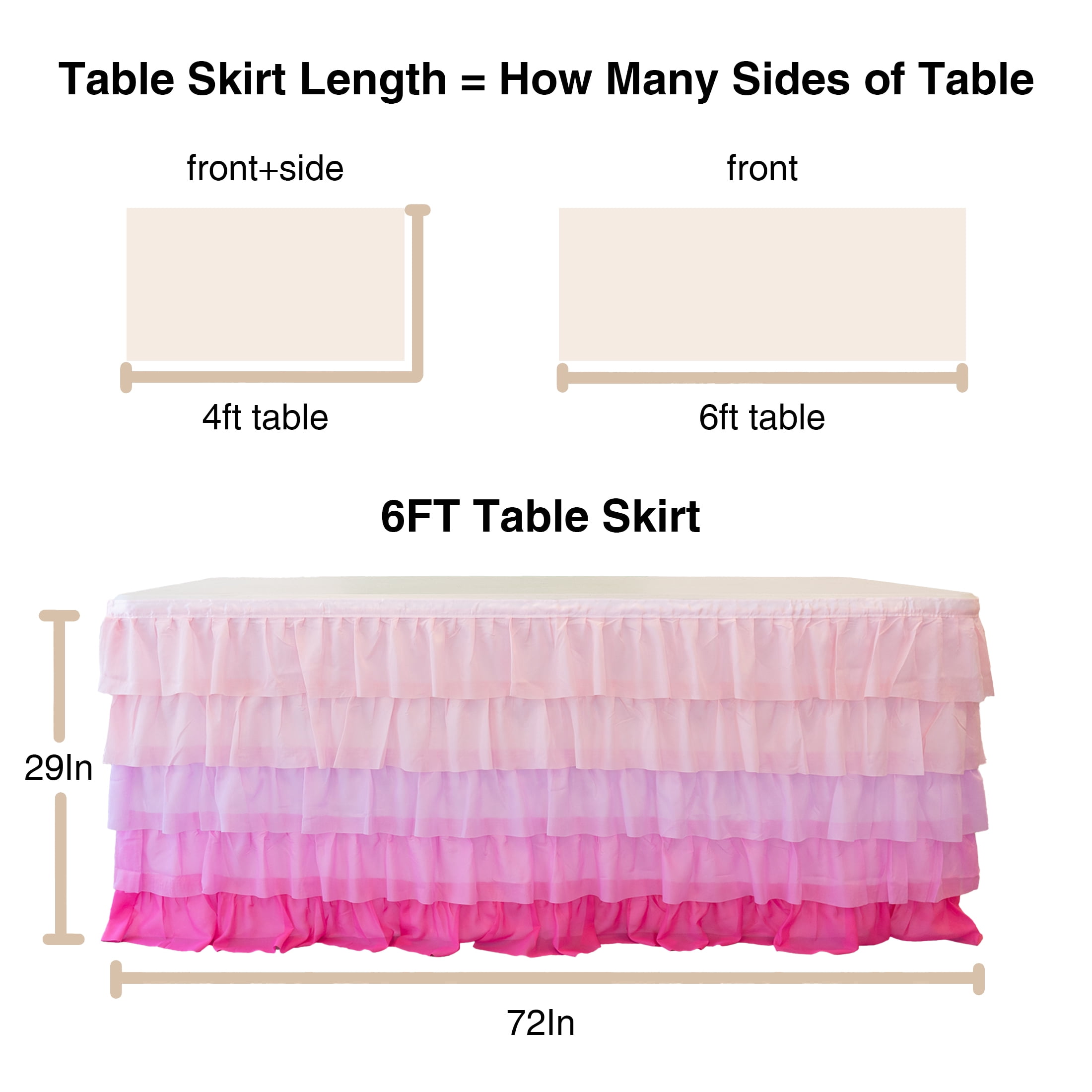 (3 pack) RTC Group 100% Polyester Tulle Ruffle Table Skirt Cover 6ft, 72 x 30 - Birthday Parties, Wedding, Party Decorations, Gradiant Pink