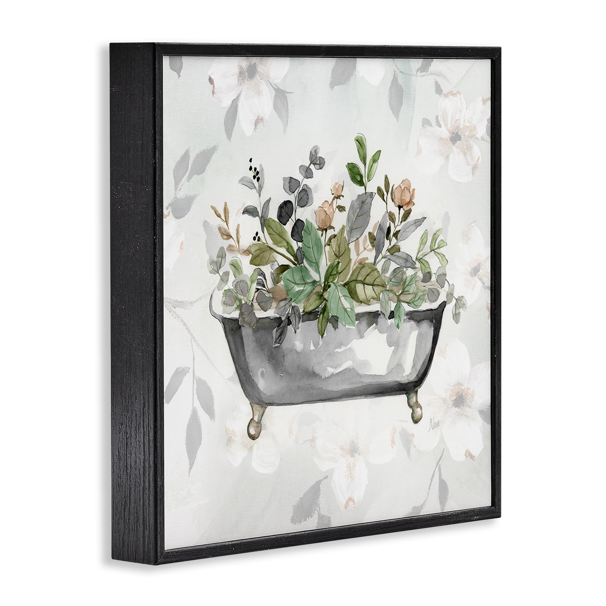 Stupell Industries Leaf Patterned Bath Typography Painting Black Framed Art Print Wall Art, 24 x 24