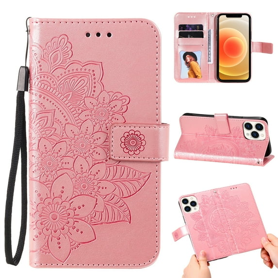 Allytech Wallet Case for iPhone 13 Pro (5G), Embossed Floral PU Leather Drop Proof Anti-Lost Detachable Hand Strap Flip Stand Magnetic Snap Card Slots Case for iPhone 13 Pro 6.1" 2021, Rosegold