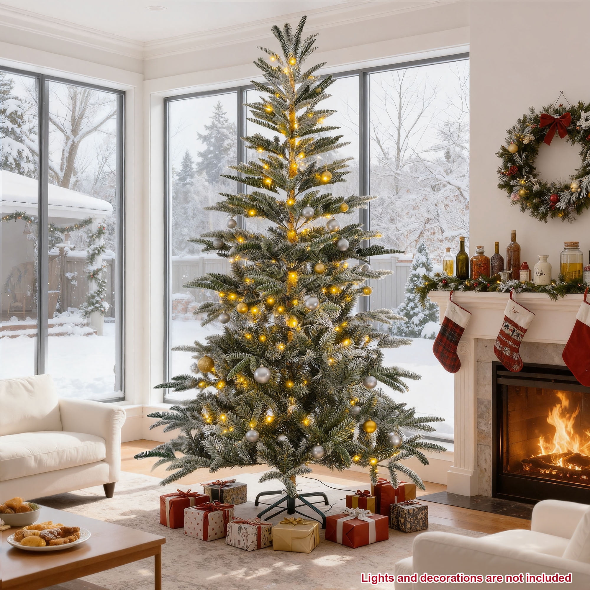 Fenbeli 7FT Snow-Flocked Artificial Christmas Tree with 800 Branch Tips and Metal Stand for Home and Office, Unlit
