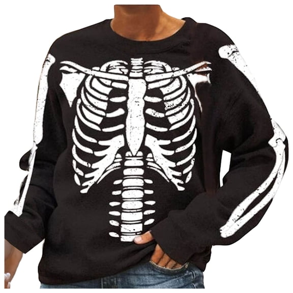 Likimi Halloween Womens Sweatshirt Long Sleeve Hallowmas Skull Print Crew Neck Sweatshirt For Women Party Fashionable Pullover Tops Size L