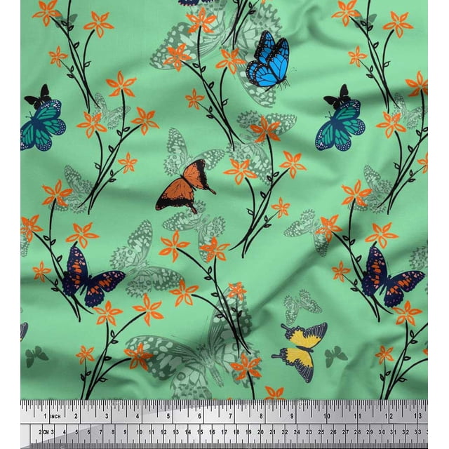 Soimoi Green Satin Silk Fabric Flower & Butterfly Print Sewing Fabric BTY 42 Inch Wide