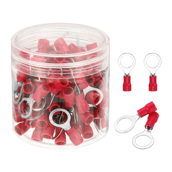 Uxcell 100Pcs Insulated Ring Terminal RV2-8 Battery Lugs 16-14AWG Electrical Crimp Terminals Eyelet Wire Connectors for Industrial, Electrical Wiring, Red