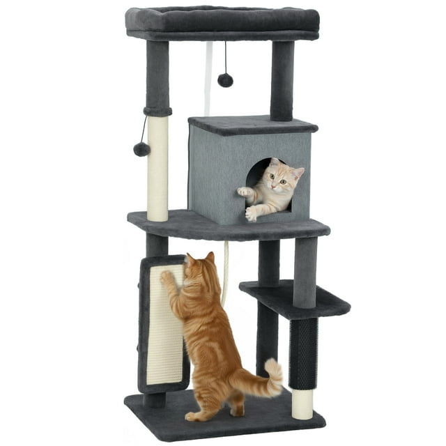 PawHut 52 Inch Cat Tree with Scratching Posts, Cat Bed, and Condo in dark grey. This multi-level activity center features a cozy cat bed, a spacious condo with a circular entrance, and multiple sisal-wrapped scratching posts. Includes platforms of varying sizes, a grooming brush post, and hanging toys for entertainment. Made from particleboard, plush, and sisal, it accommodates 1-2 cats up to 13 lbs each. Anti-tip kit included for safety.