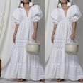thumbnail image 3 of Vestido largo bohemio elegante para mujer, con encaje, calado, mangas abullonadas, escote en V, informal, holgado, color blanco, 3 of 4