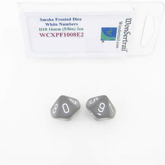 Smoke Frosted Dice with White Numbers D10 Aprox 16mm (5/8in) Pack of 2 Wondertrail