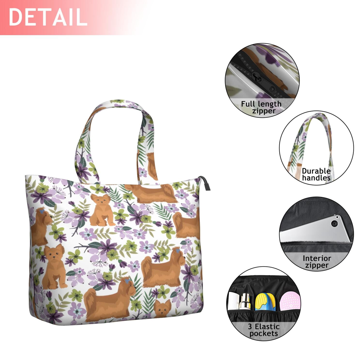 Yorkie Dog and Flower Florals Travel Tote Bags for Women Carry On,Large Weekender Bags for Women Travel,Multi Functional Duffle Bag for Work,Shopping,Sports
