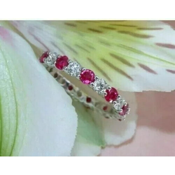 Round Ruby & Diamond Full Eternity Band Wedding Ring 14K White Gold Plated