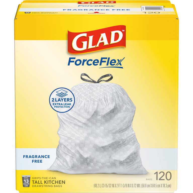 Glad ForceFlexPlus Tall Kitchen Drawstring Trash Bags -13 Gallon White Glad ForceFlexPlus Tall Kitchen Drawstring Trash Bags -13 Gallon White