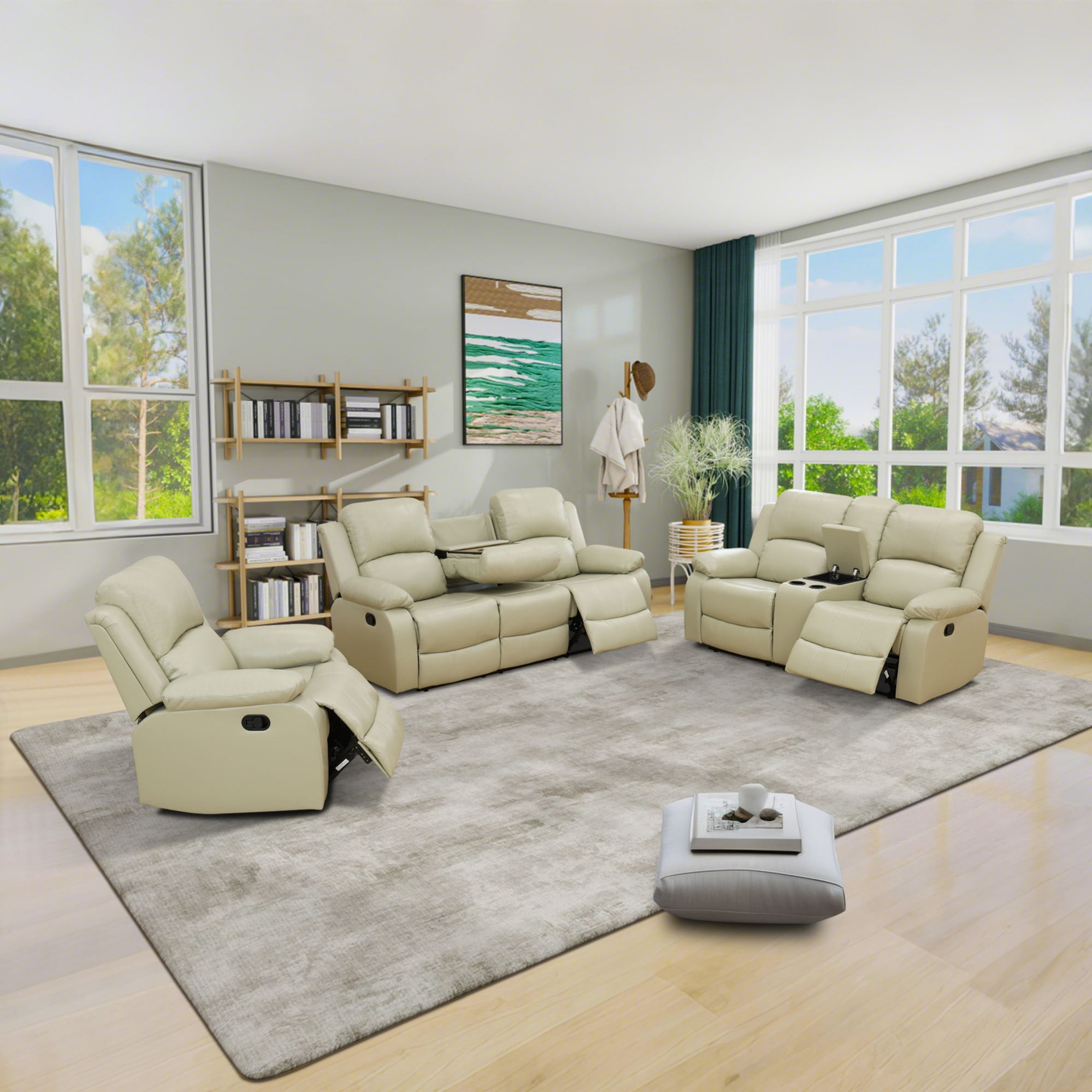 Gewnee Beige 3-Piece Living Room Air Leather Recliner Sofa Set with Console & Cup Holders