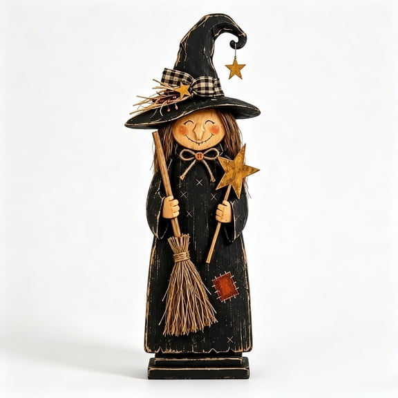 Wooden Witch Figurine, Halloween Tabletop Decoration, Vintage Character Sculpture for Mantels Shelves and Entryway Tables, Hand-Finished Wood with Tall Freestanding Body