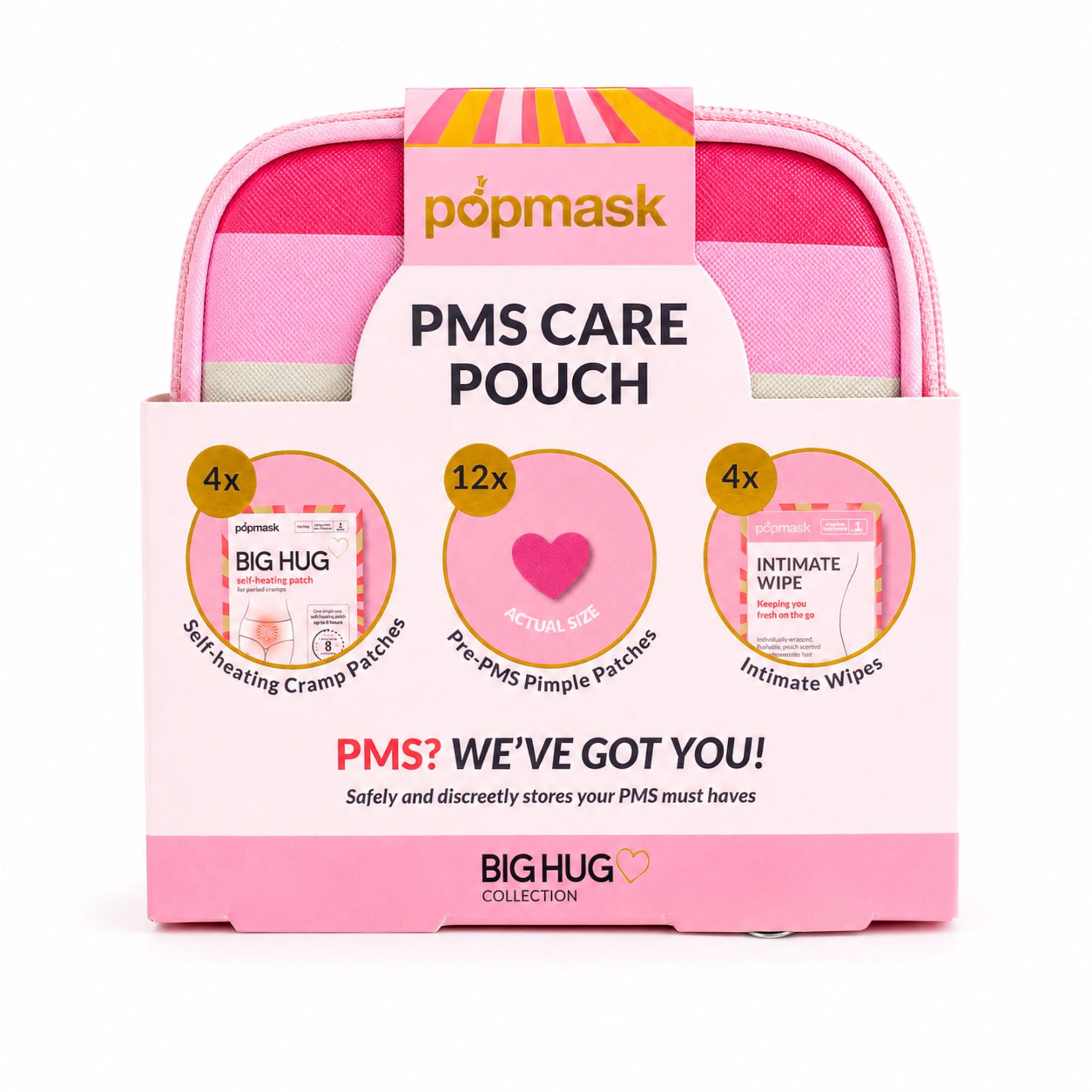 (2 pack) Popmask PMS Care Pouch – Big Hug Collection with 4 Self-Heating Cramp Patches, 12 Pimple Patches, and 4 Intimate Wipes